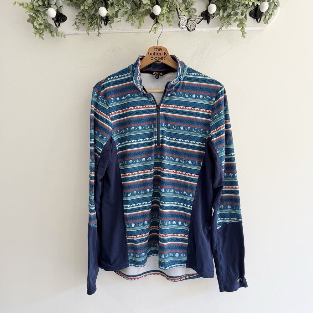 Kerrits Women’s Horse Fair Isle Print Quarter Zip Pullover Large Blue Equestrian
